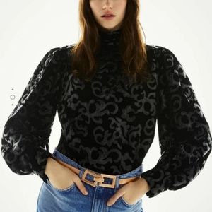 ZARA FAUX LEATHER BAROQUE APPLIQUE BLACK CONTRAST VELVET TOP HIGH NECK B…